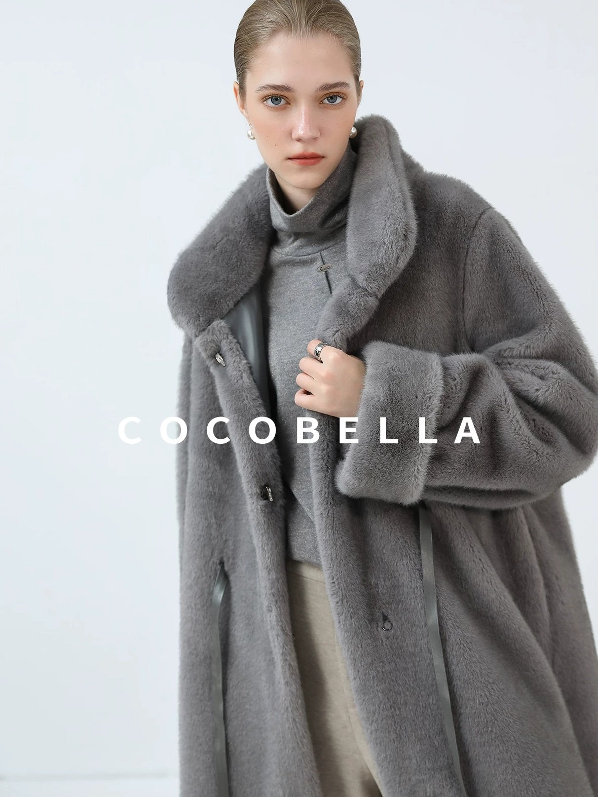 COCOBELLA Sapphire Faux Fur Long Straight Fit Stand Collar Women Workwear Coats