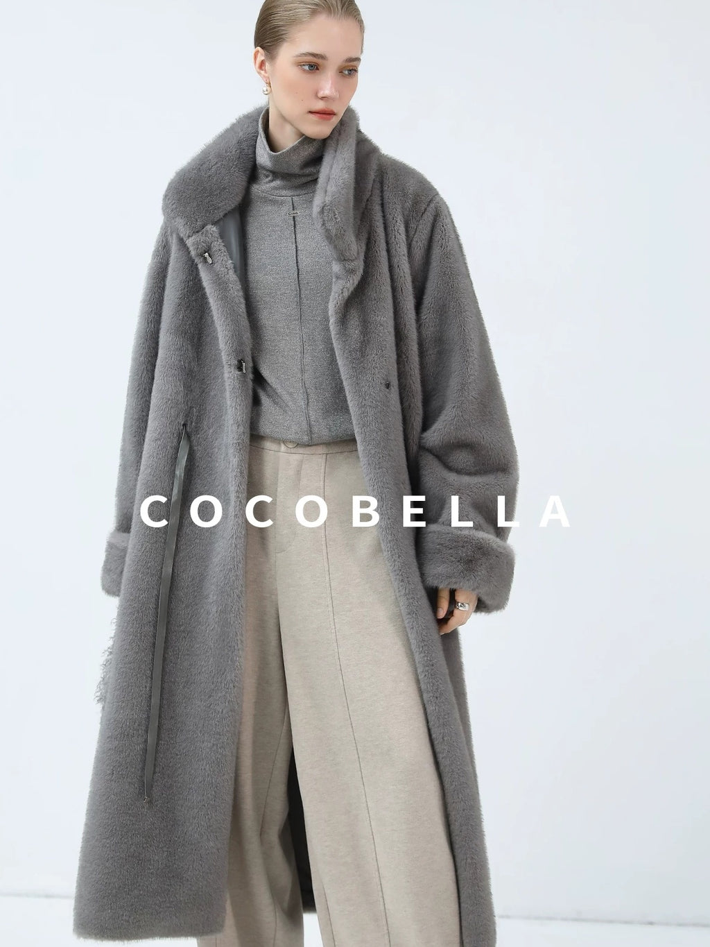 COCOBELLA Sapphire Faux Fur Long Straight Fit Stand Collar Women Workwear Coats