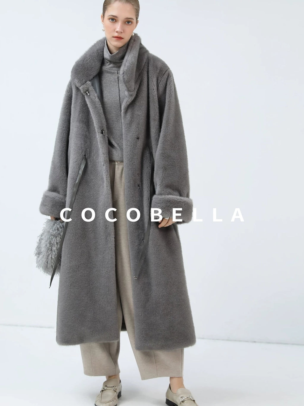 COCOBELLA Sapphire Faux Fur Long Straight Fit Stand Collar Women Workwear Coats