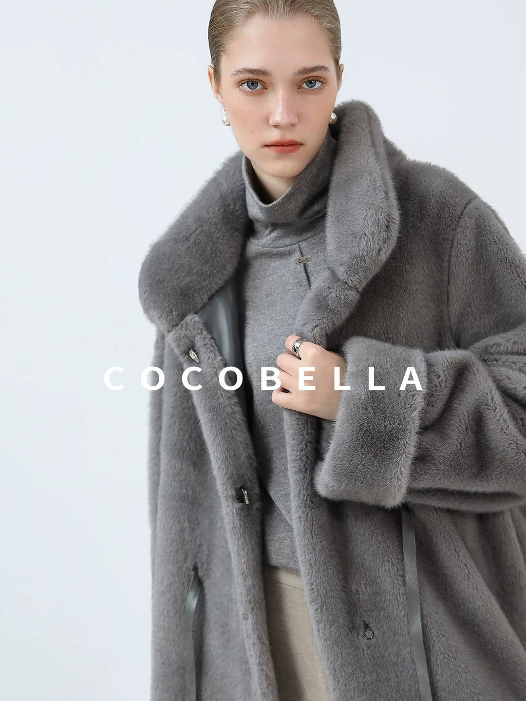 COCOBELLA Sapphire Faux Fur Long Straight Fit Stand Collar Women Workwear Coats