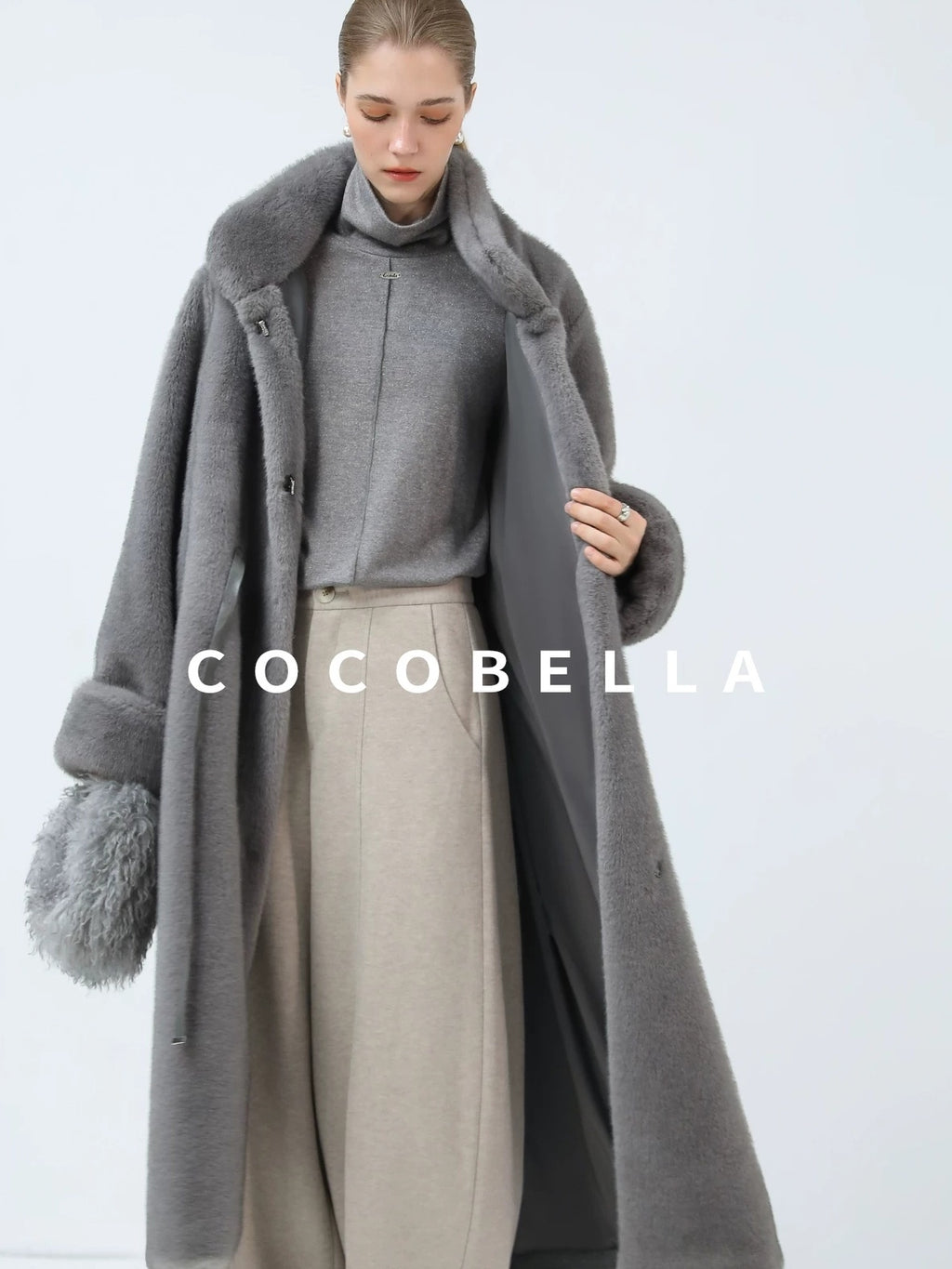COCOBELLA Sapphire Faux Fur Long Straight Fit Stand Collar Women Workwear Coats