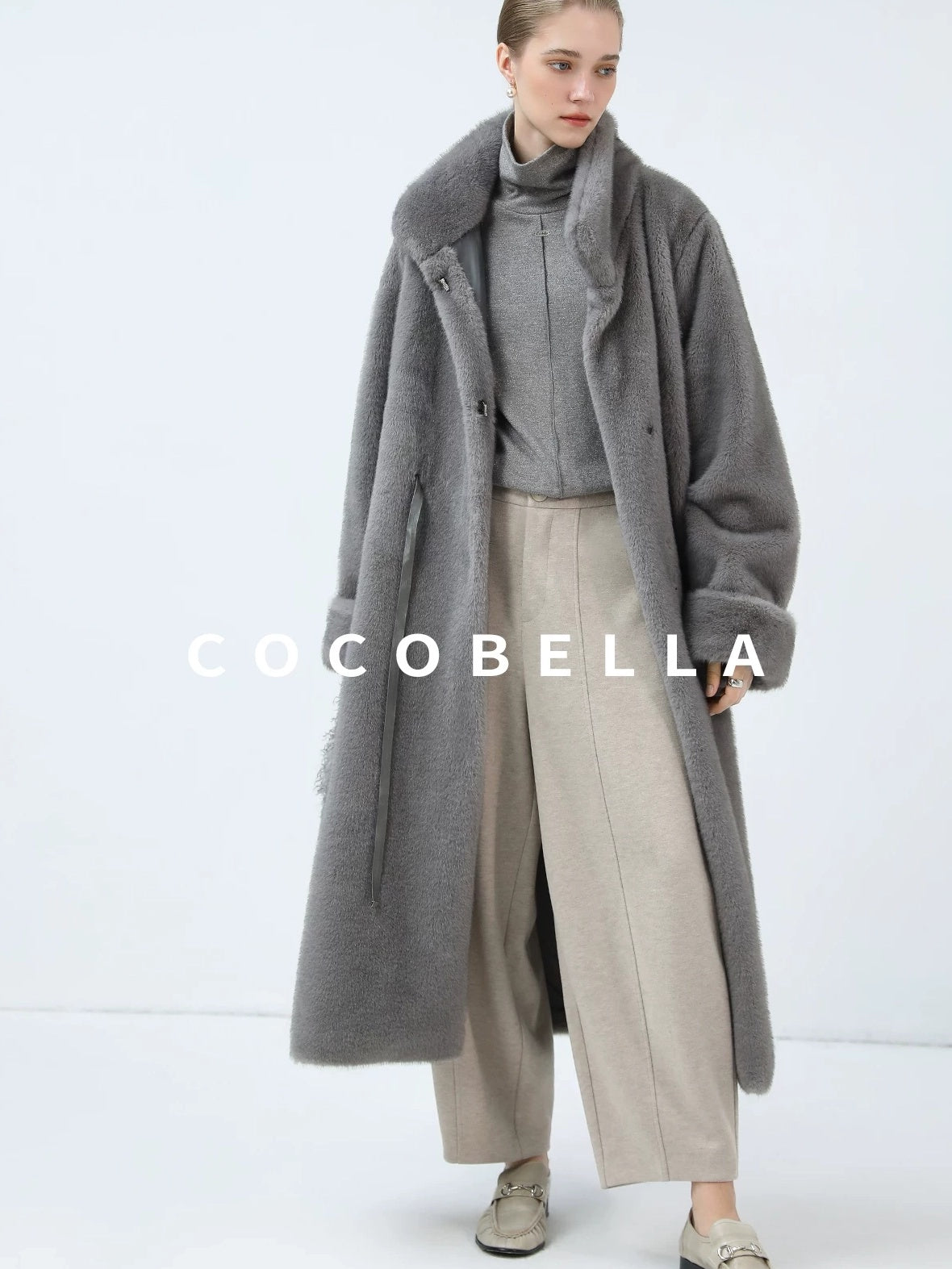 COCOBELLA Sapphire Faux Fur Long Straight Fit Stand Collar Women Workwear Coats
