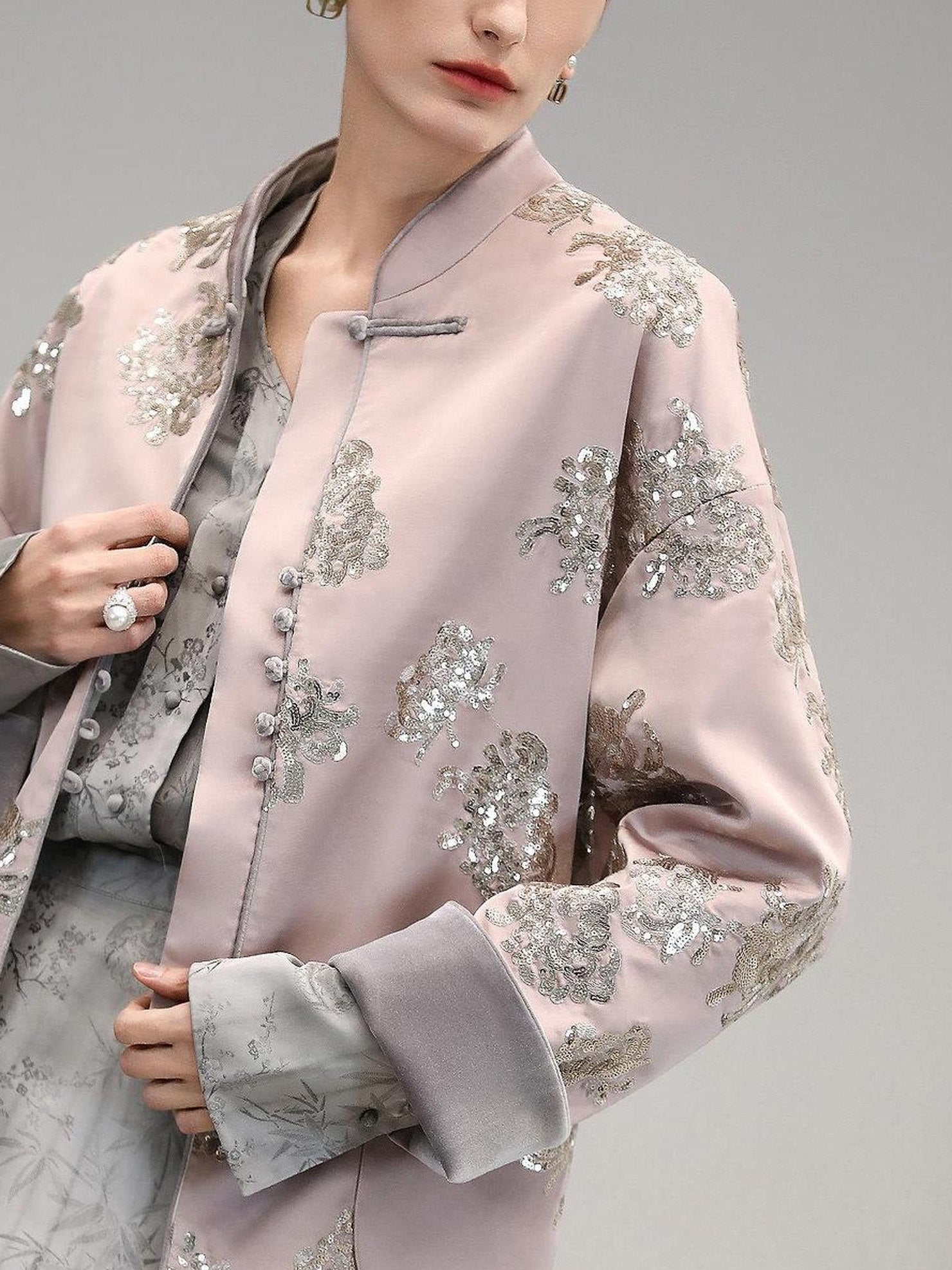 COCOBELLA Satin Embroidered Sequin Chinese Straight Cut Drop Shoulder Women Casual Jackets