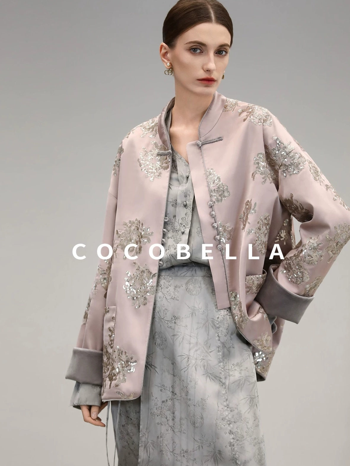 COCOBELLA Satin Embroidered Sequin Chinese Straight Cut Drop Shoulder Women Casual Jackets