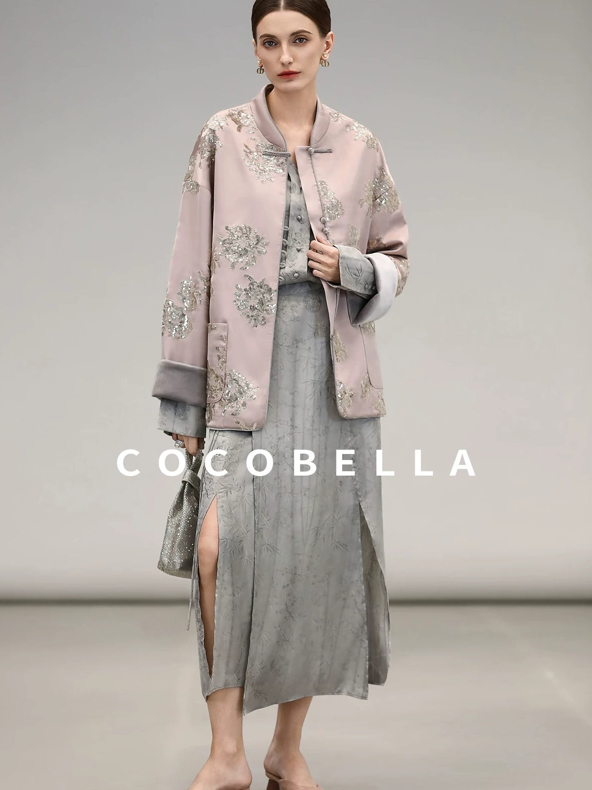 COCOBELLA Satin Embroidered Sequin Chinese Straight Cut Drop Shoulder Women Casual Jackets