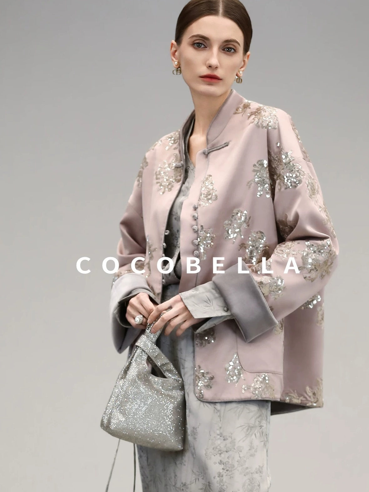 COCOBELLA Satin Embroidered Sequin Chinese Straight Cut Drop Shoulder Women Casual Jackets