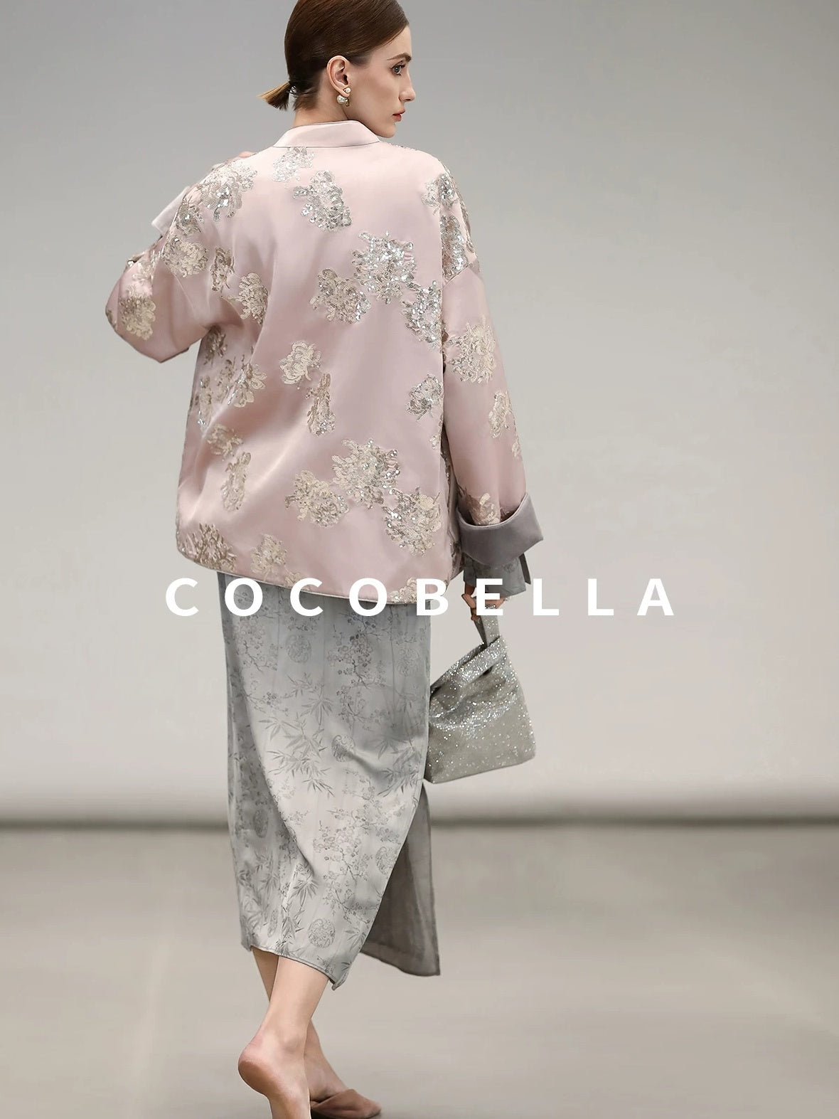 COCOBELLA Satin Embroidered Sequin Chinese Straight Cut Drop Shoulder Women Casual Jackets