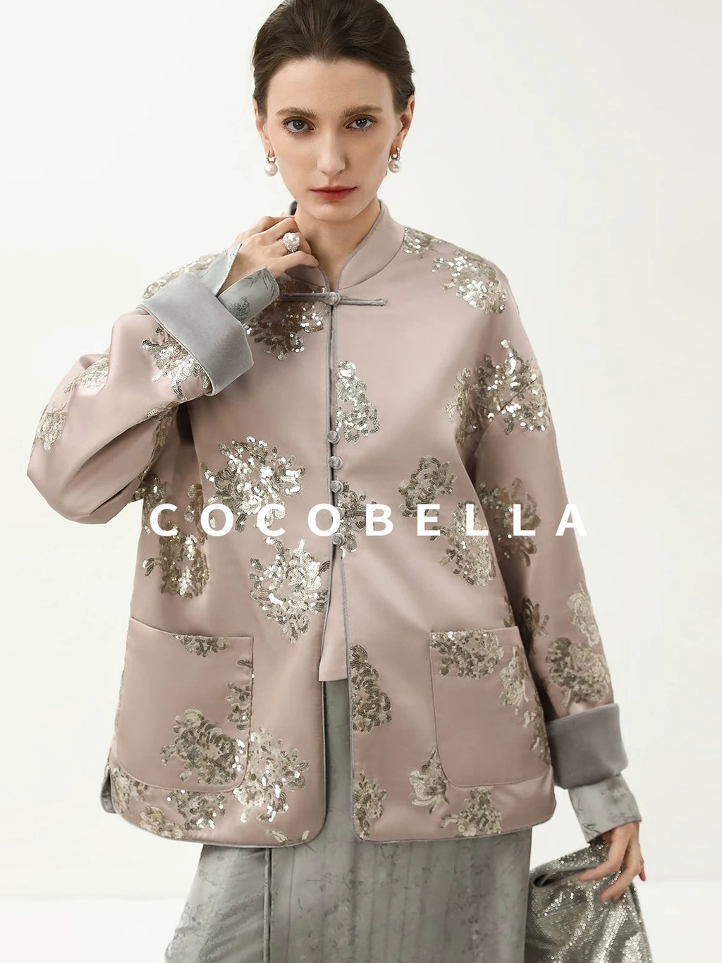 COCOBELLA Satin Embroidered Sequin Chinese Straight Cut Drop Shoulder Women Casual Jackets