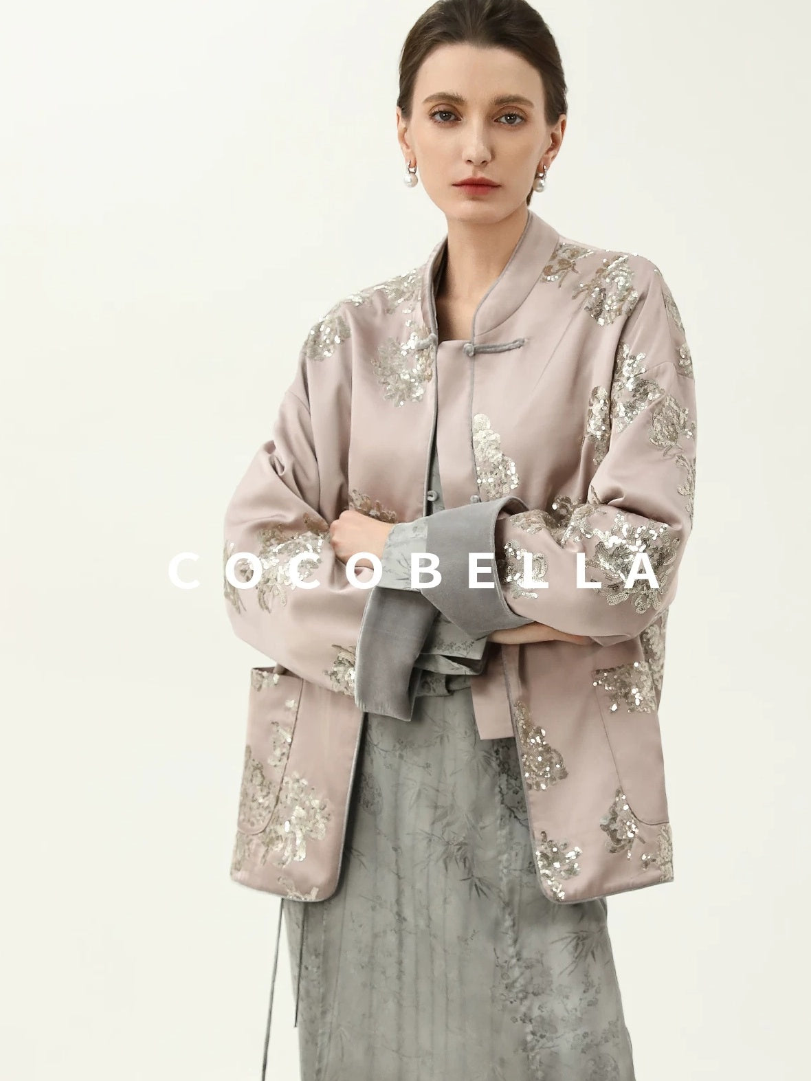 COCOBELLA Satin Embroidered Sequin Chinese Straight Cut Drop Shoulder Women Casual Jackets