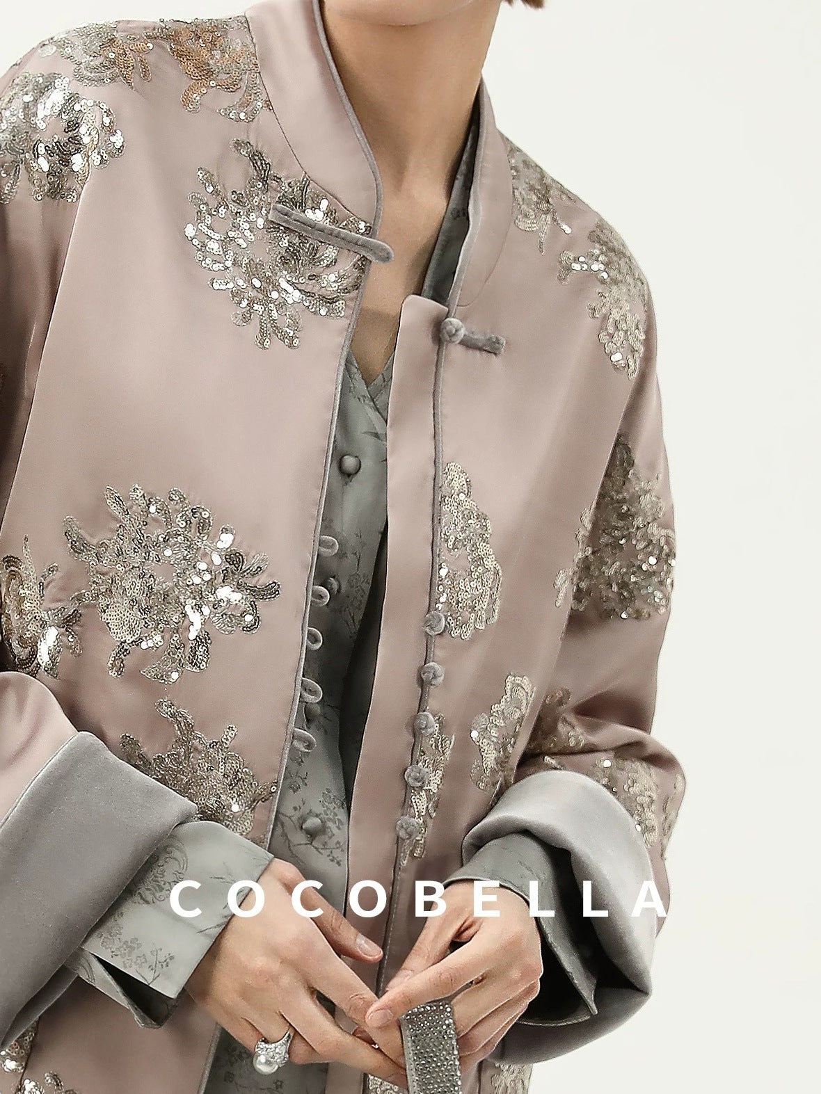 COCOBELLA Satin Embroidered Sequin Chinese Straight Cut Drop Shoulder Women Casual Jackets