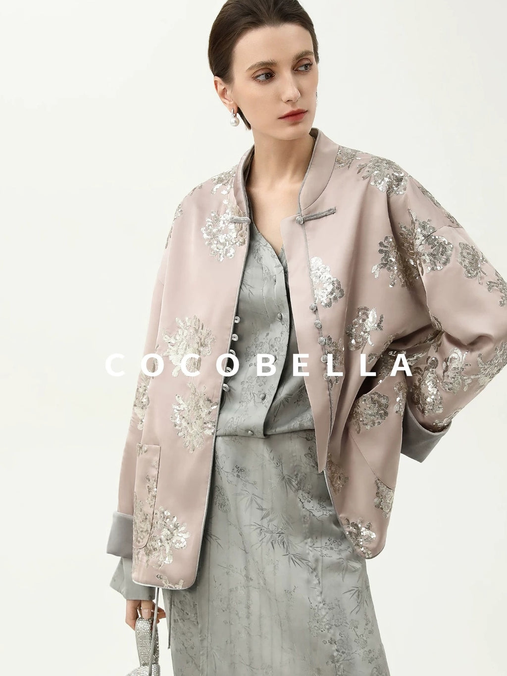 COCOBELLA Satin Embroidered Sequin Chinese Straight Cut Drop Shoulder Women Casual Jackets