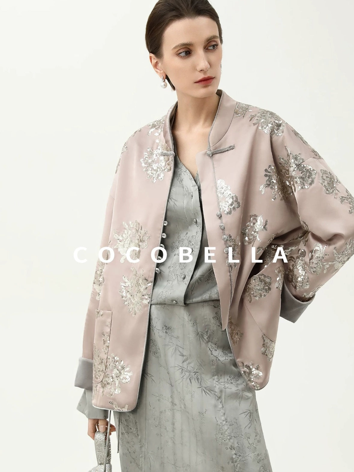 COCOBELLA Satin Embroidered Sequin Chinese Straight Cut Drop Shoulder Women Casual Jackets