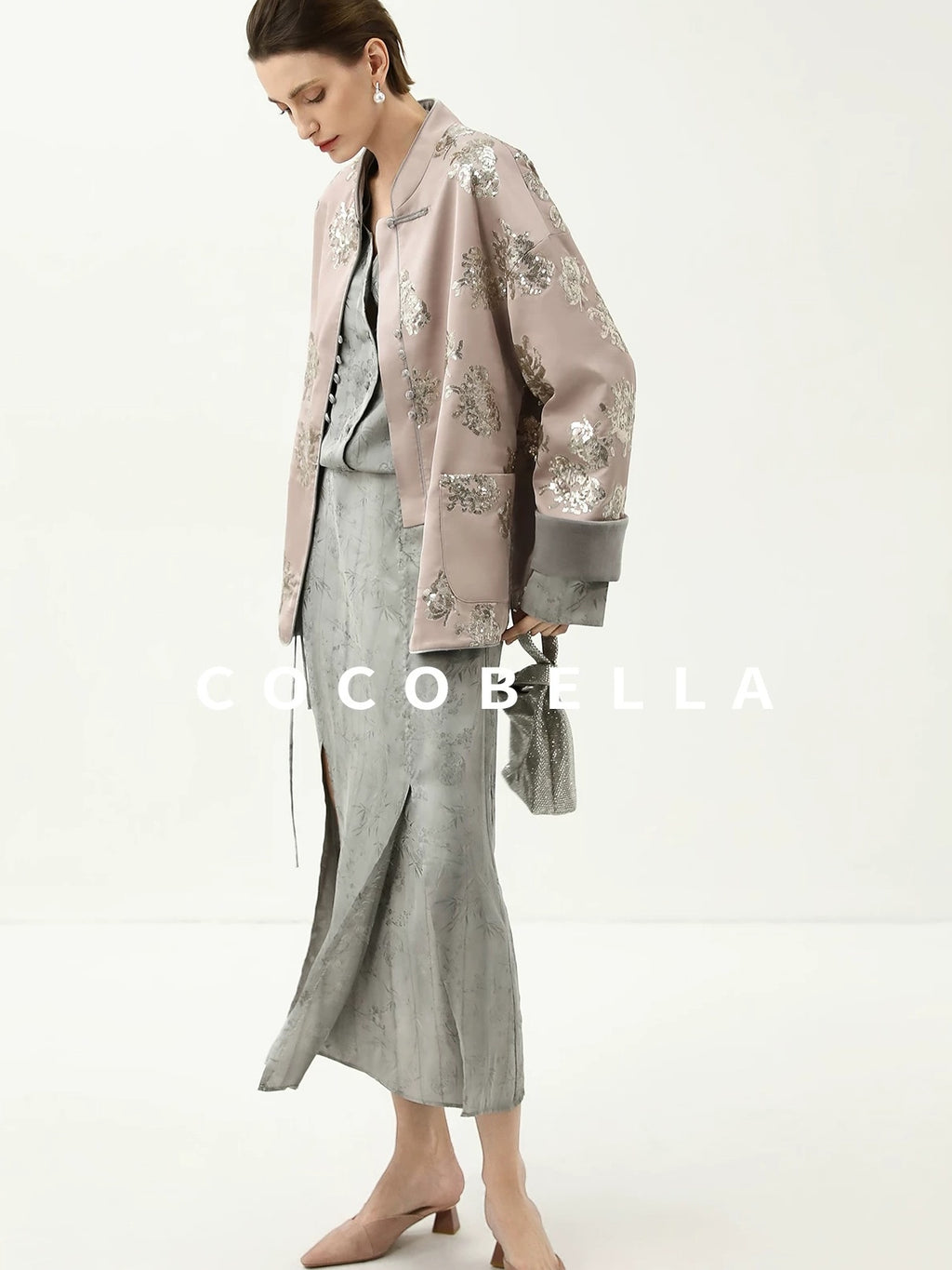 COCOBELLA Satin Embroidered Sequin Chinese Straight Cut Drop Shoulder Women Casual Jackets
