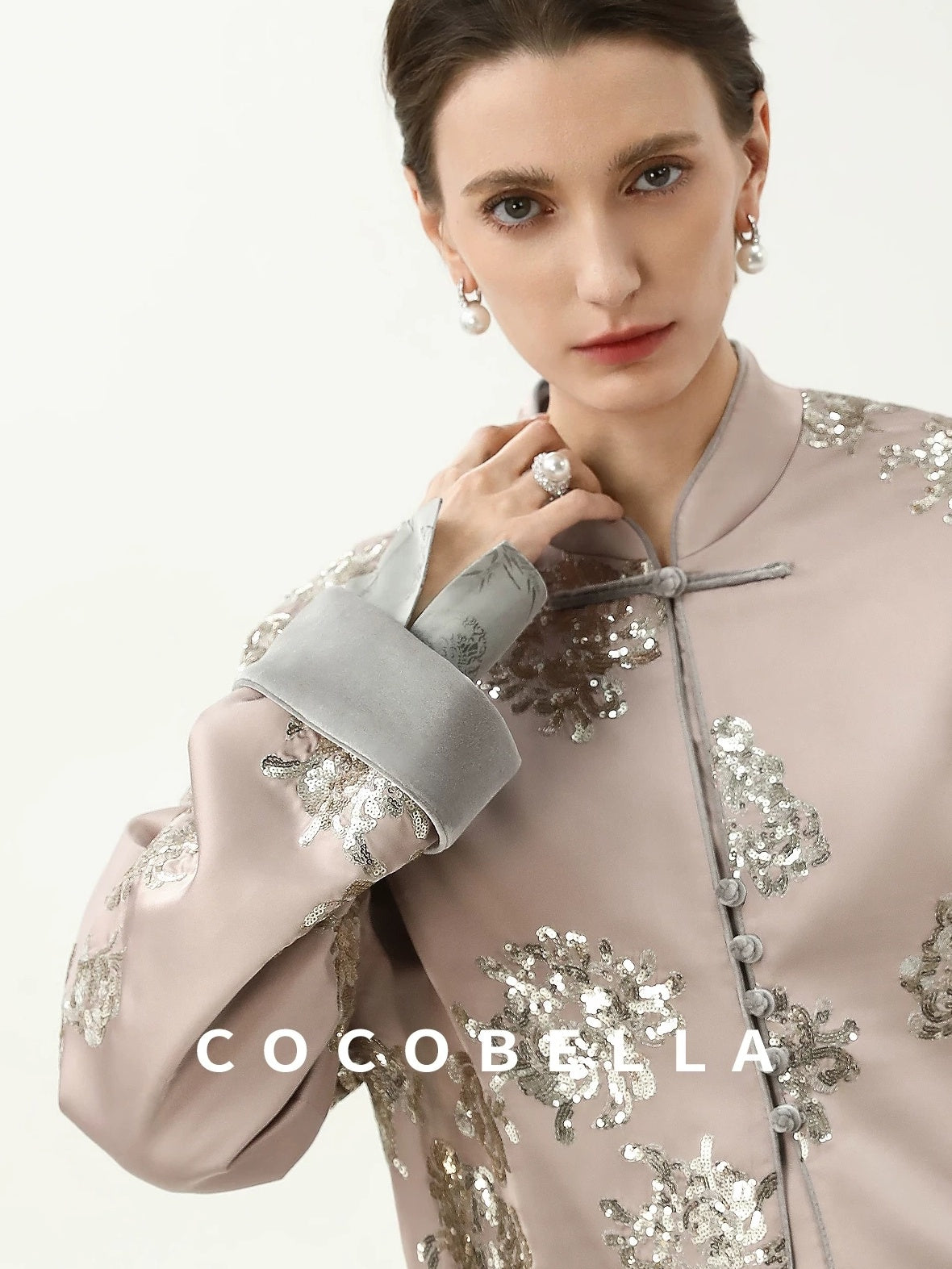 COCOBELLA Satin Embroidered Sequin Chinese Straight Cut Drop Shoulder Women Casual Jackets