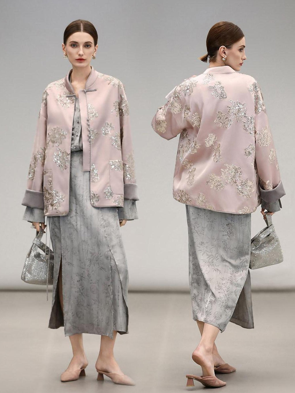 COCOBELLA Satin Embroidered Sequin Chinese Straight Cut Drop Shoulder Women Casual Jackets