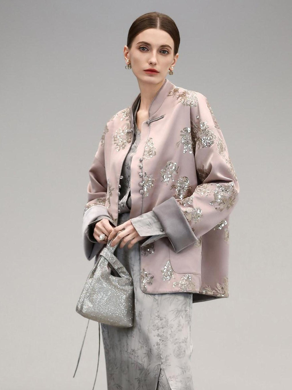 COCOBELLA Satin Embroidered Sequin Chinese Straight Cut Drop Shoulder Women Casual Jackets