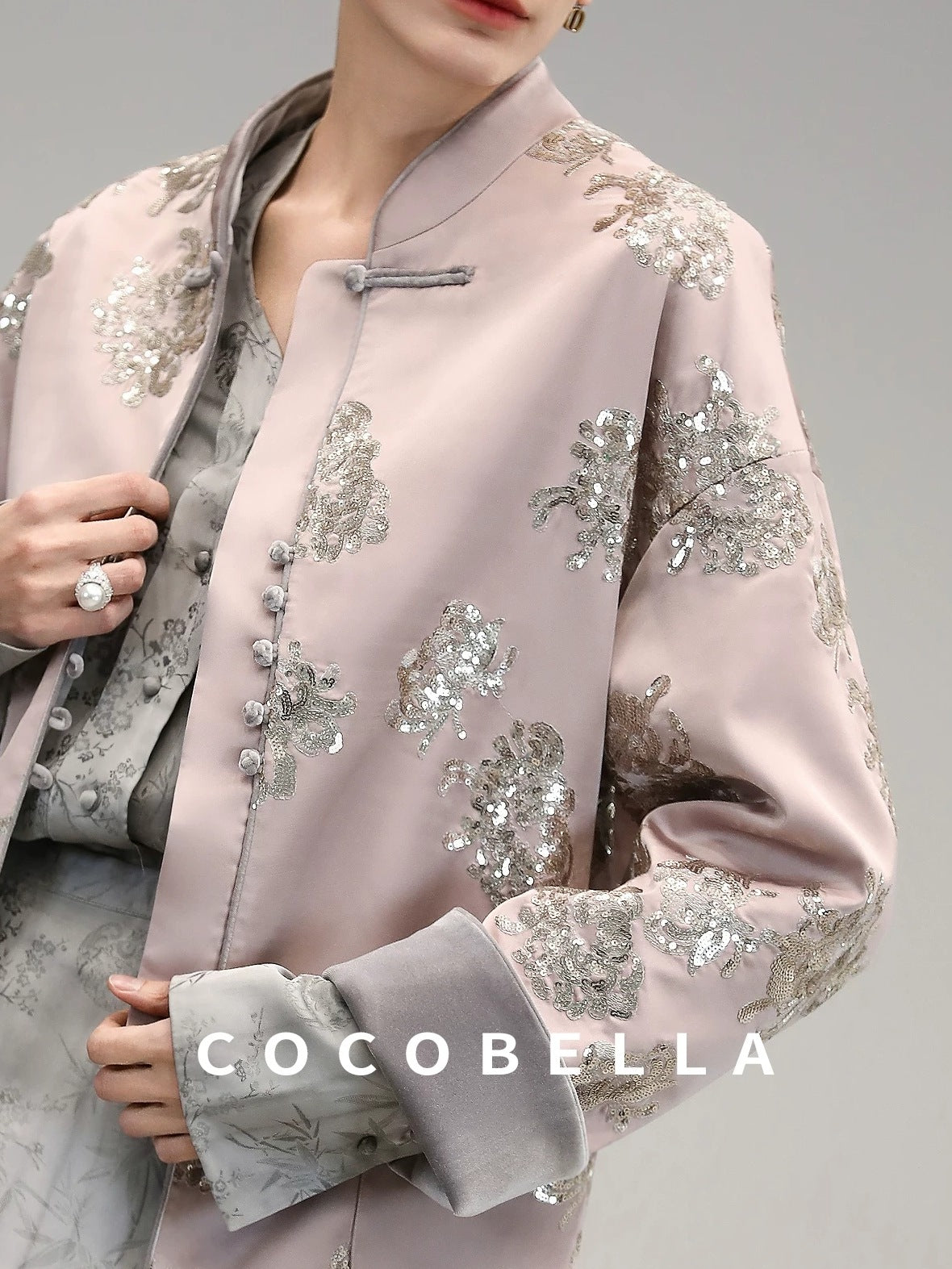 COCOBELLA Satin Embroidered Sequin Chinese Straight Cut Drop Shoulder Women Casual Jackets