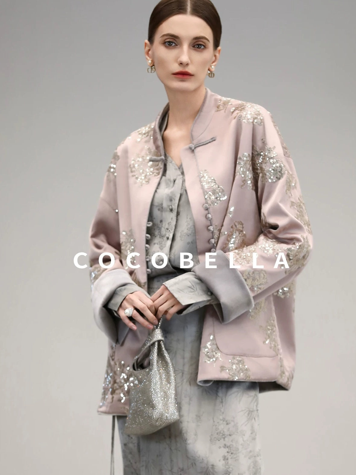 COCOBELLA Satin Embroidered Sequin Chinese Straight Cut Drop Shoulder Women Casual Jackets