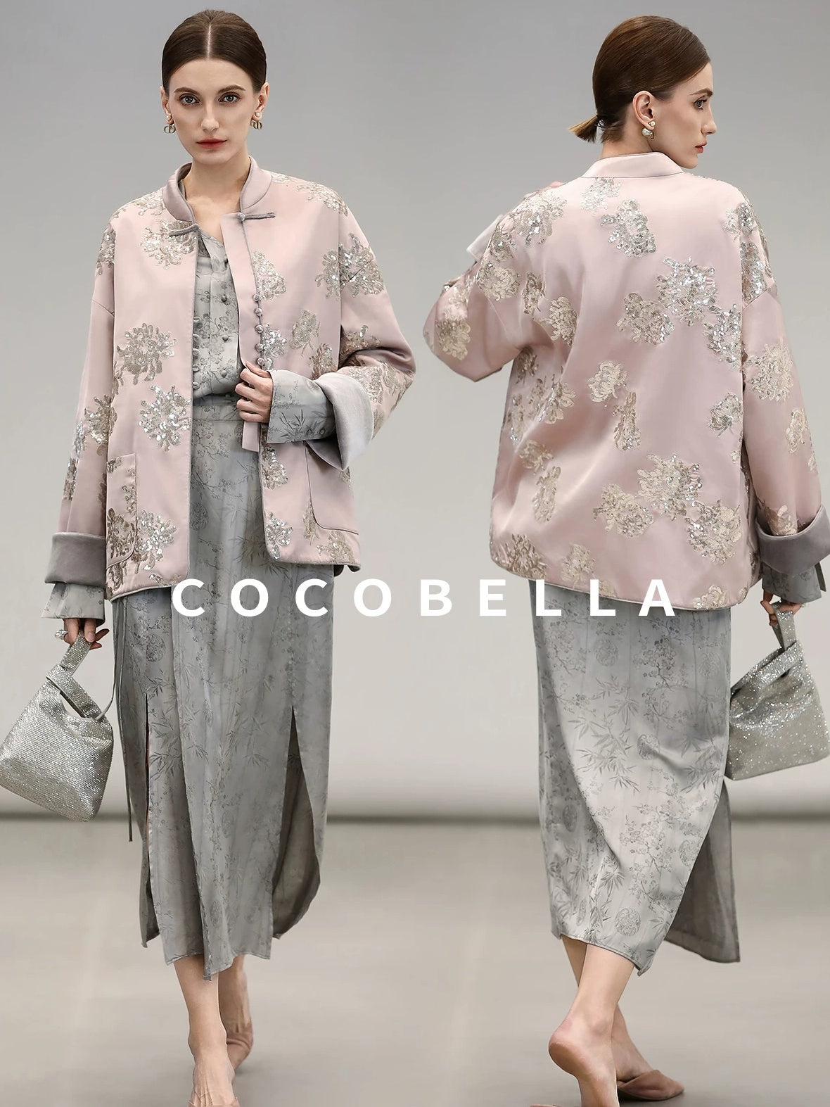 COCOBELLA Satin Embroidered Sequin Chinese Straight Cut Drop Shoulder Women Casual Jackets