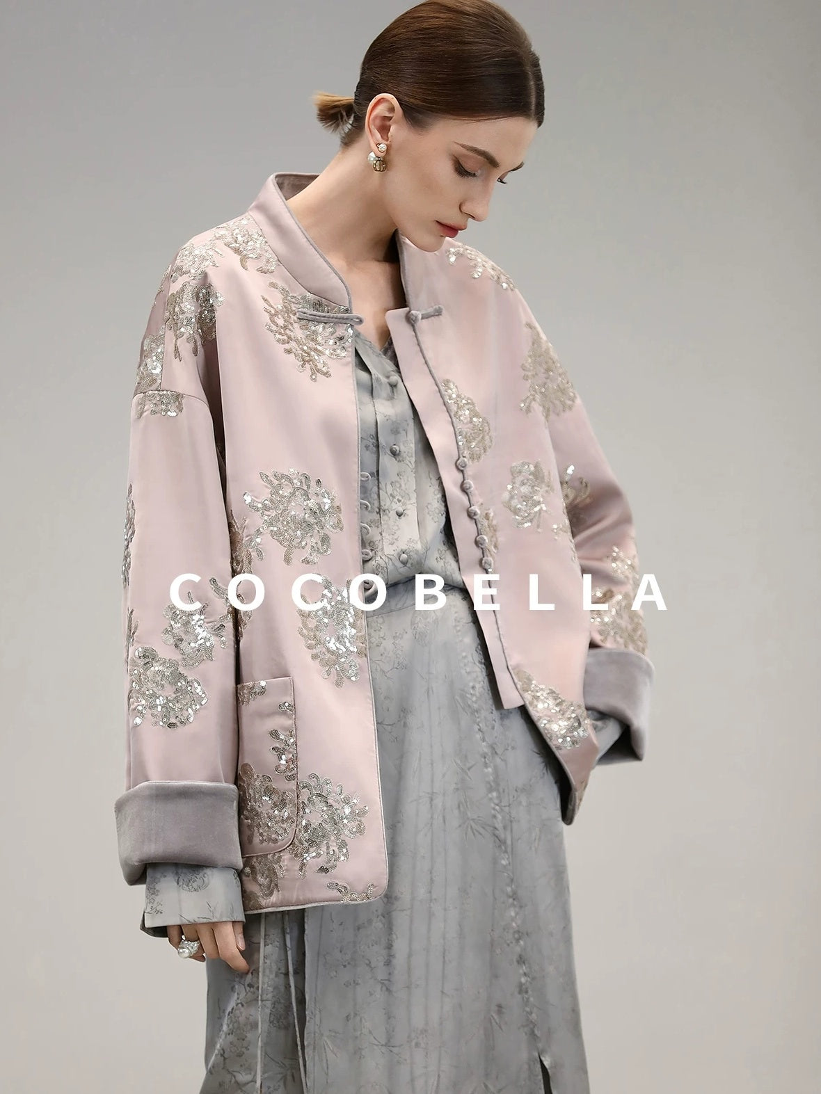COCOBELLA Satin Embroidered Sequin Chinese Straight Cut Drop Shoulder Women Casual Jackets