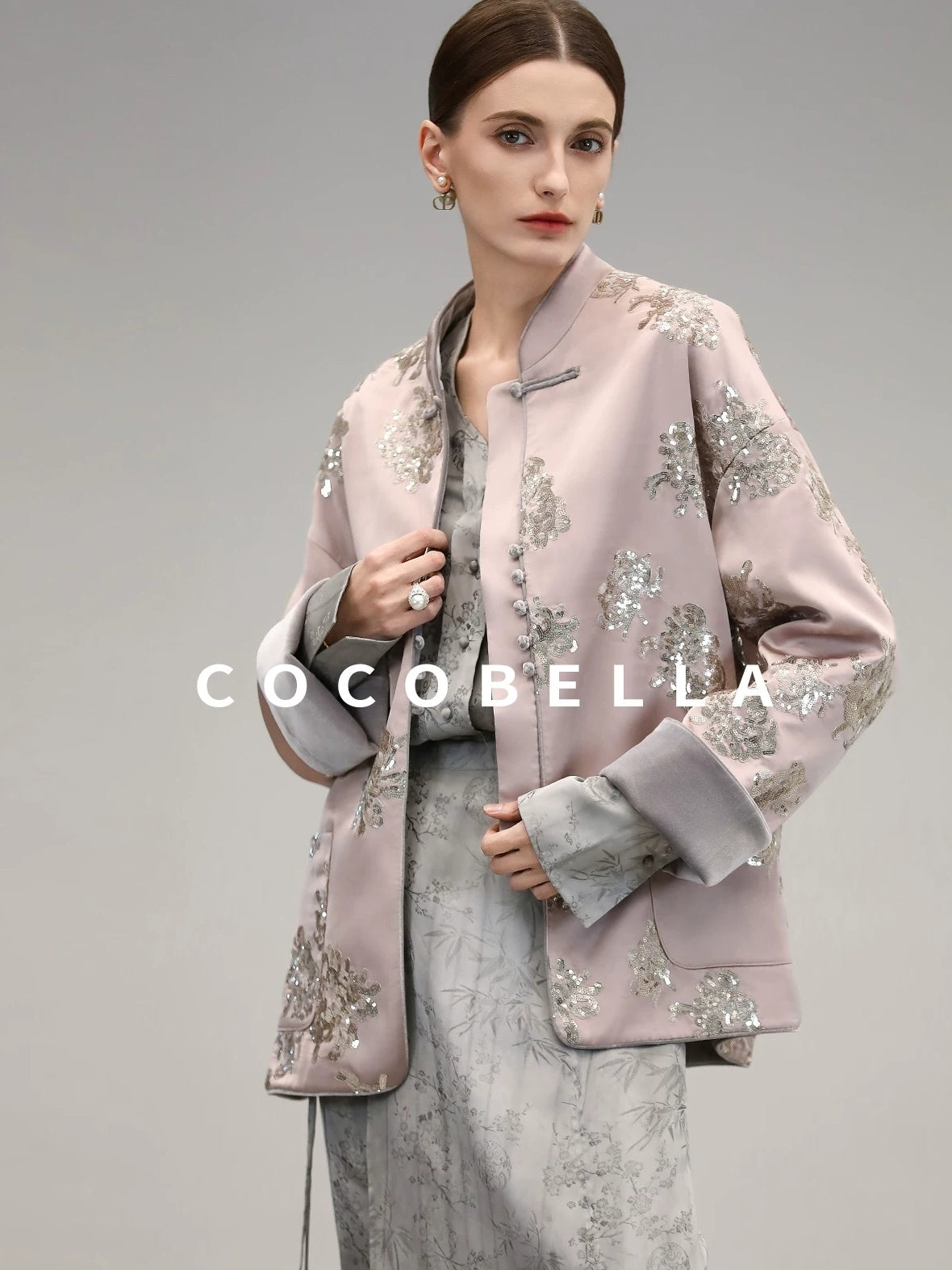 COCOBELLA Satin Embroidered Sequin Chinese Straight Cut Drop Shoulder Women Casual Jackets