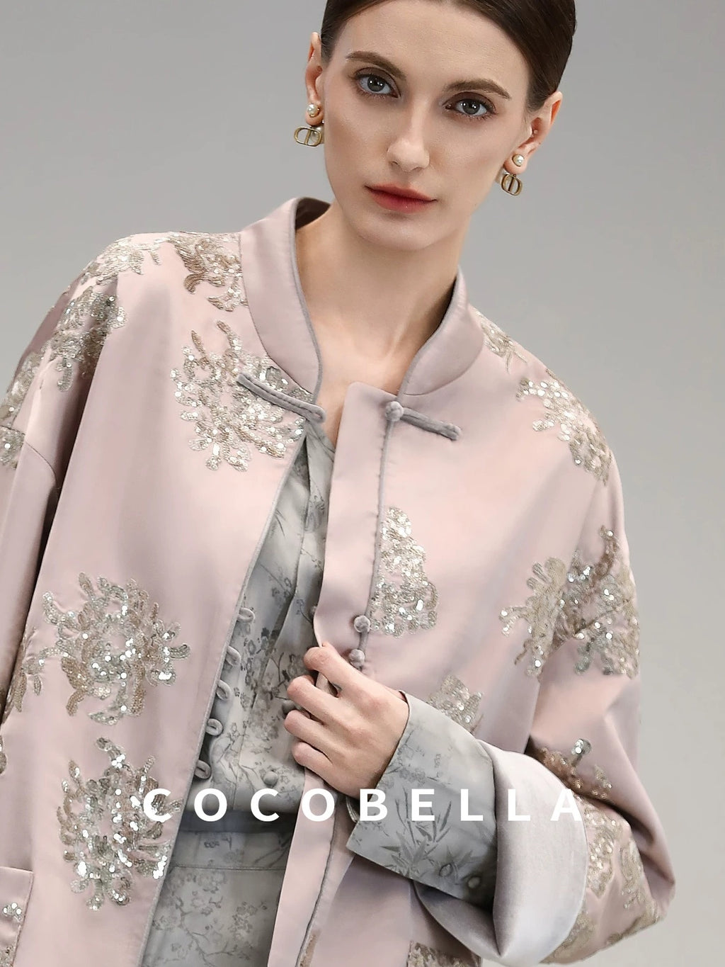 COCOBELLA Satin Embroidered Sequin Chinese Straight Cut Drop Shoulder Women Casual Jackets