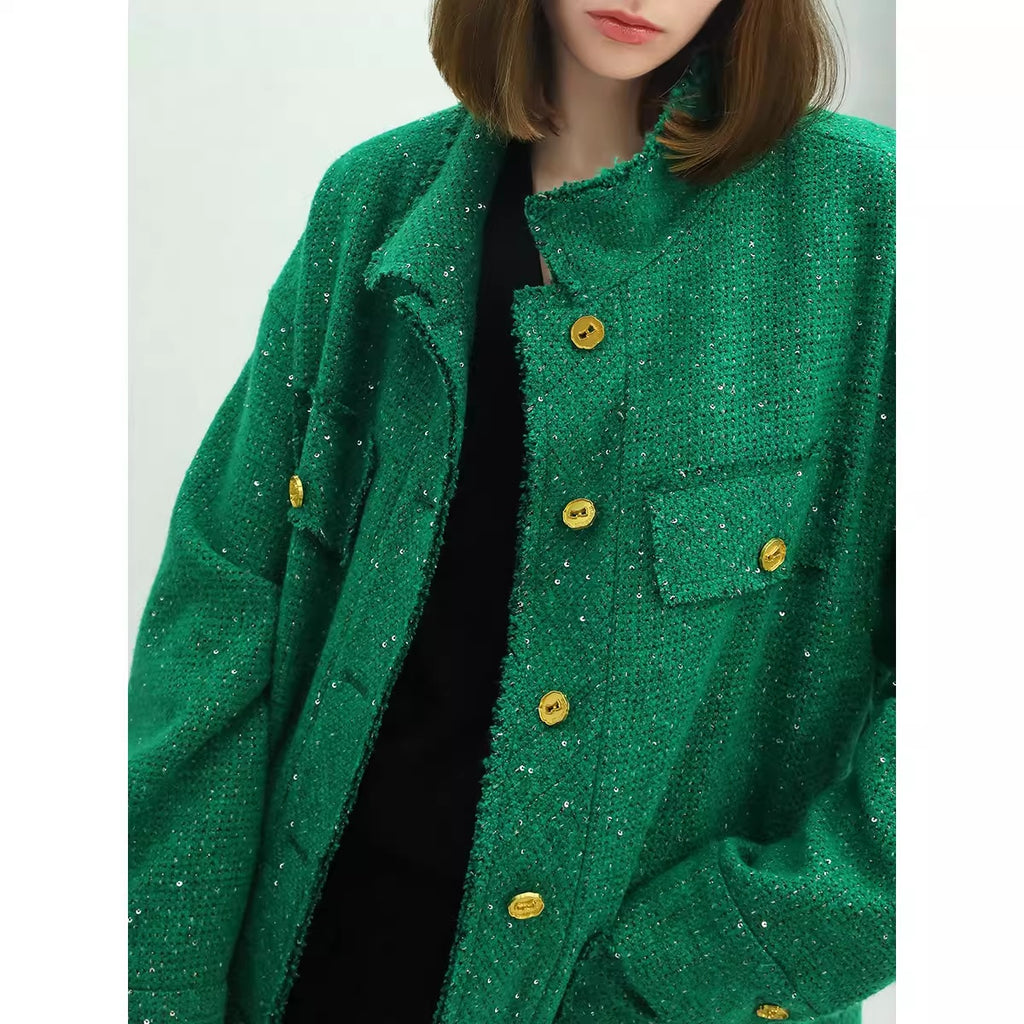 COCOBELLA_Sequin_Button_Single_Breasted_Office_Women_Green_Polyester_Coat_Jackets_MISSTT