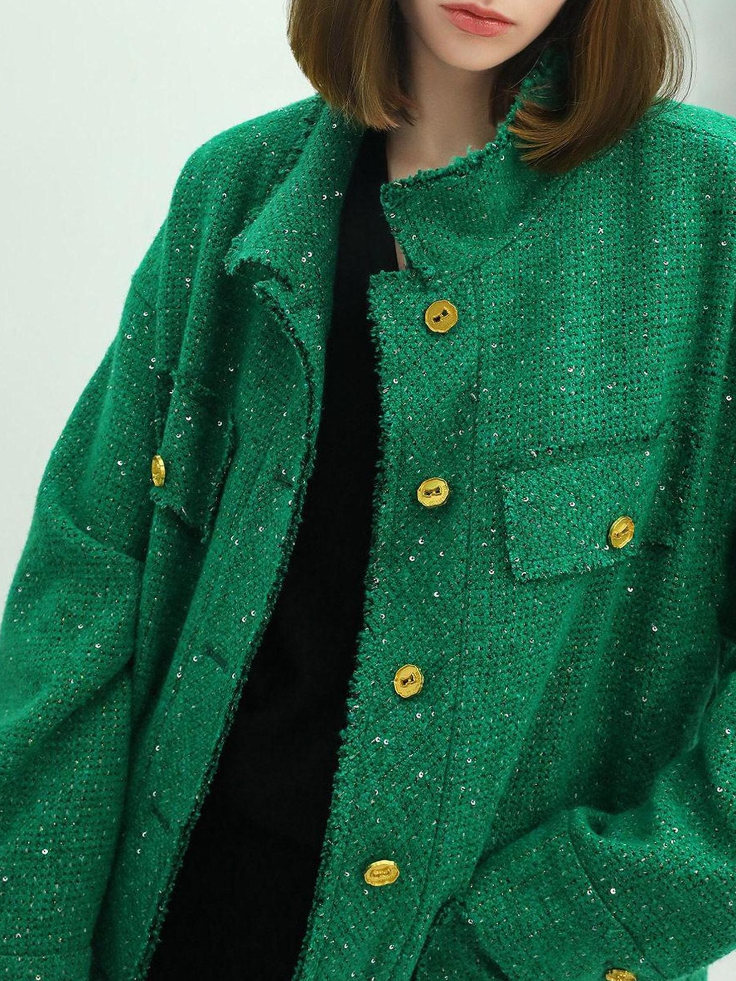COCOBELLA Sequin Button Single Breasted Office Women Green Polyester Coat Jackets