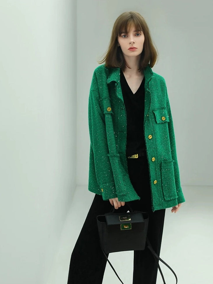 COCOBELLA Sequin Button Single Breasted Office Women Green Polyester Coat Jackets
