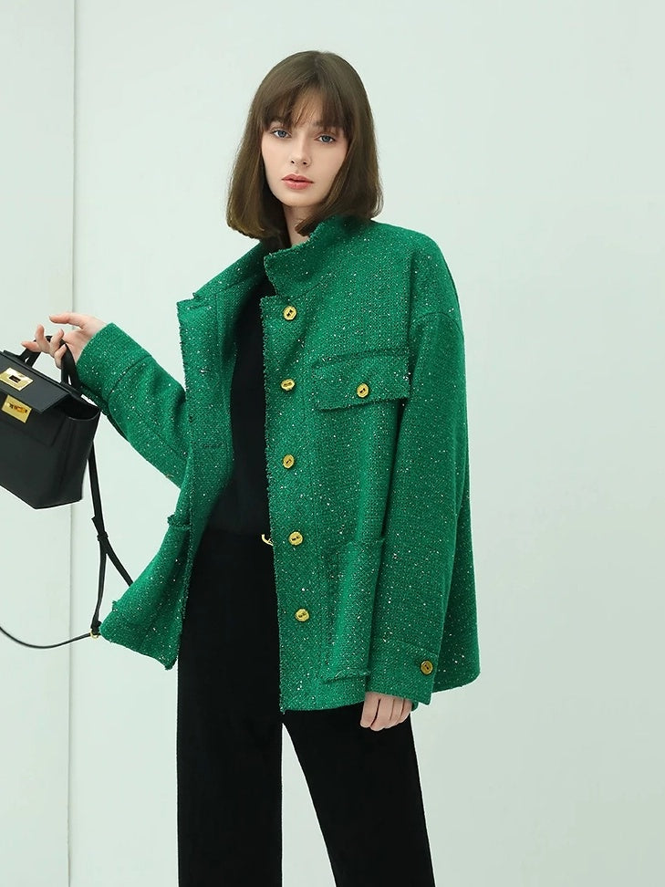 COCOBELLA Sequin Button Single Breasted Office Women Green Polyester Coat Jackets