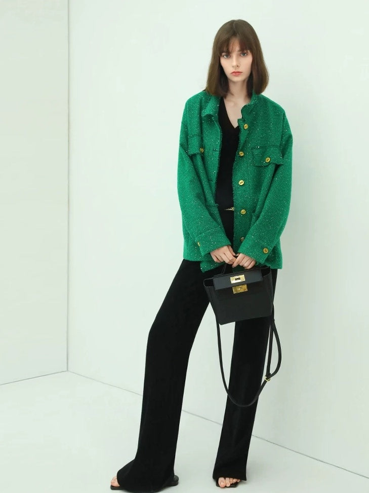 COCOBELLA Sequin Button Single Breasted Office Women Green Polyester Coat Jackets