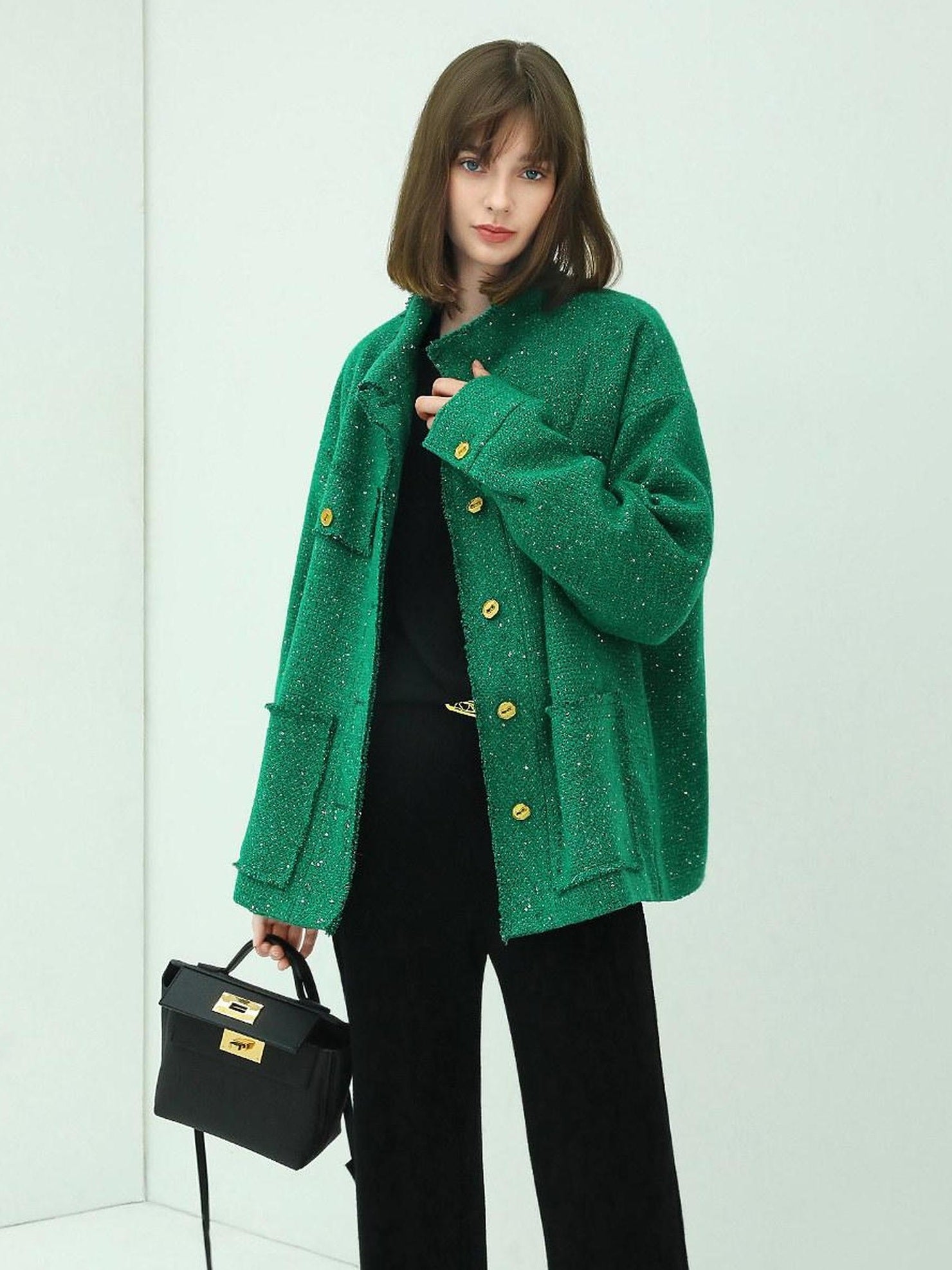 COCOBELLA Sequin Button Single Breasted Office Women Green Polyester Coat Jackets