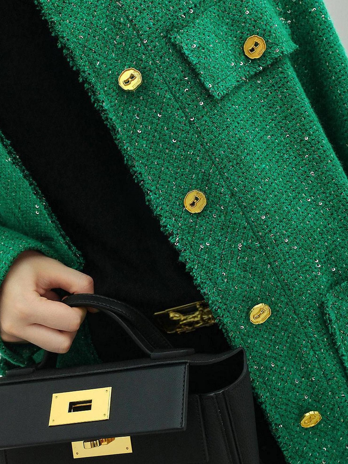 COCOBELLA Sequin Button Single Breasted Office Women Green Polyester Coat Jackets