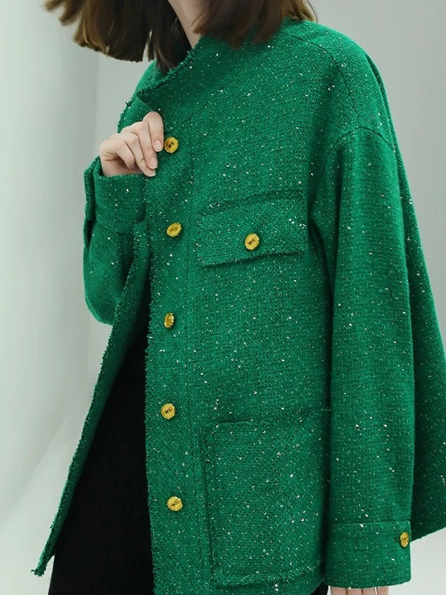 COCOBELLA Sequin Button Single Breasted Office Women Green Polyester Coat Jackets