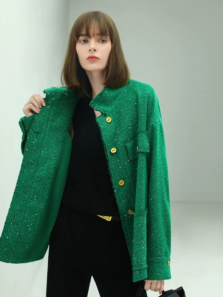 COCOBELLA Sequin Button Single Breasted Office Women Green Polyester Coat Jackets