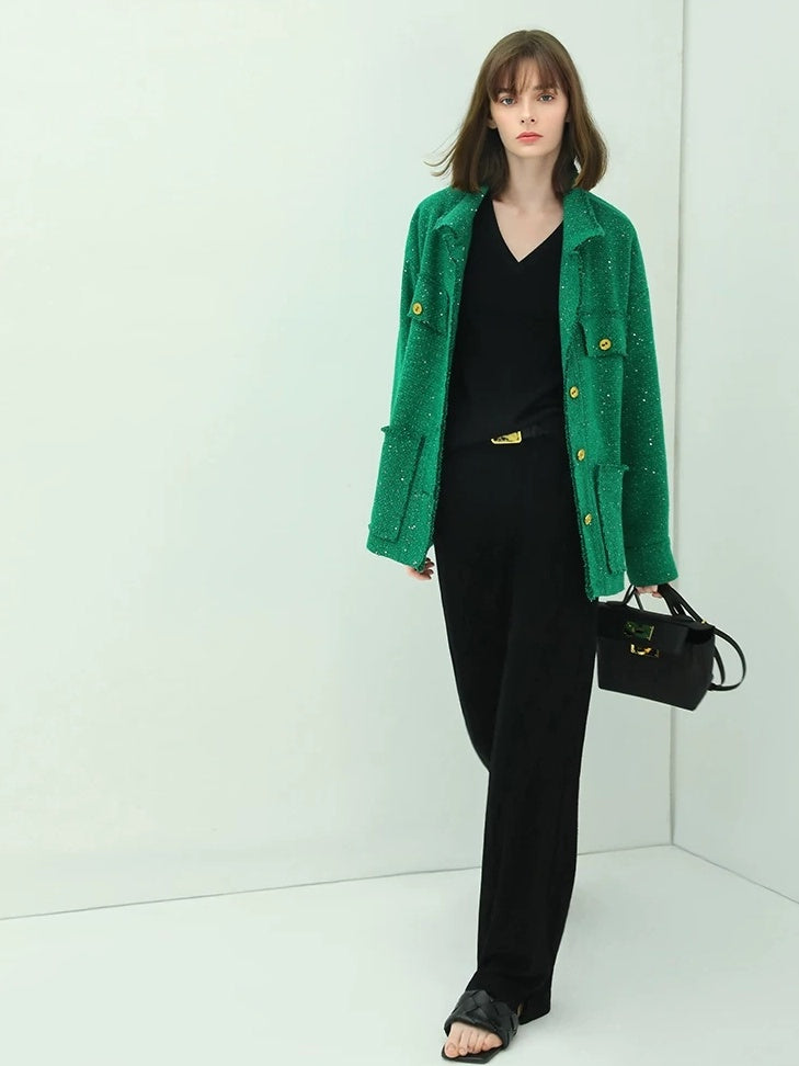 COCOBELLA Sequin Button Single Breasted Office Women Green Polyester Coat Jackets