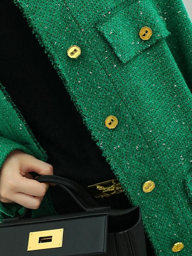 COCOBELLA Sequin Button Single Breasted Office Women Green Polyester Coat Jackets