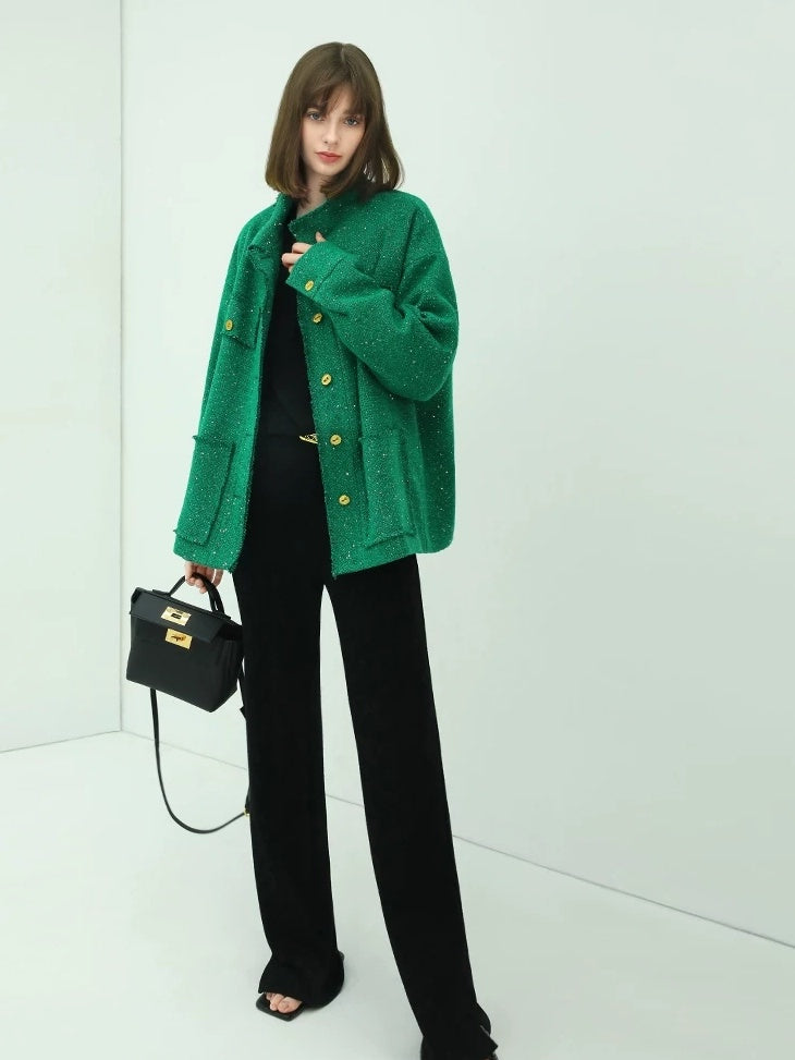 COCOBELLA Sequin Button Single Breasted Office Women Green Polyester Coat Jackets