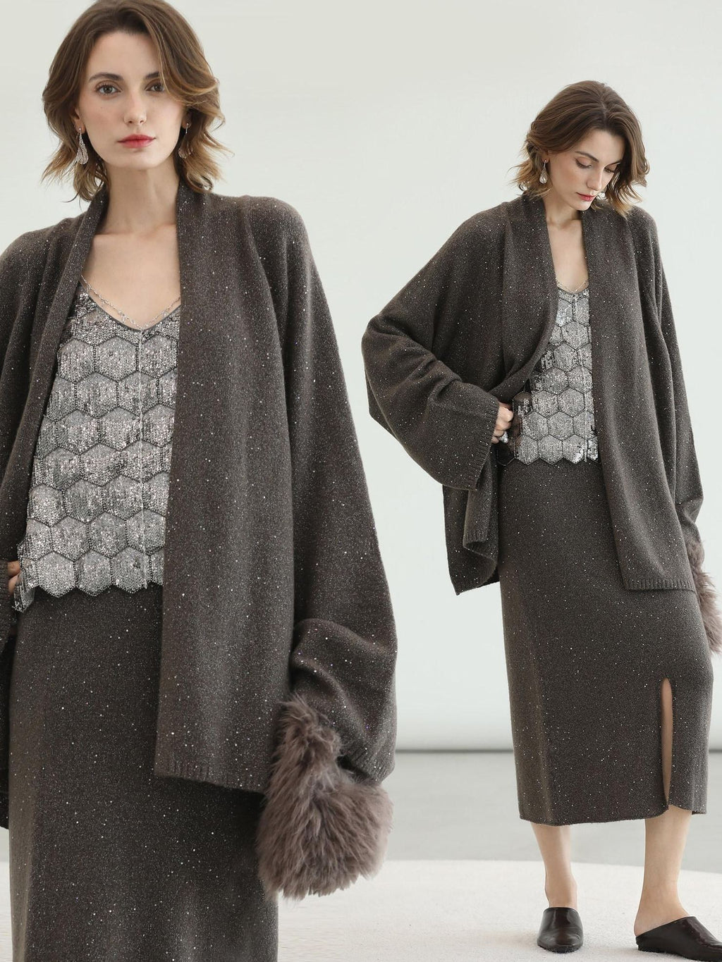 COCOBELLA Sequin Embellished Loose Fit Commuter Open Front Women Knit Pullover Sweater