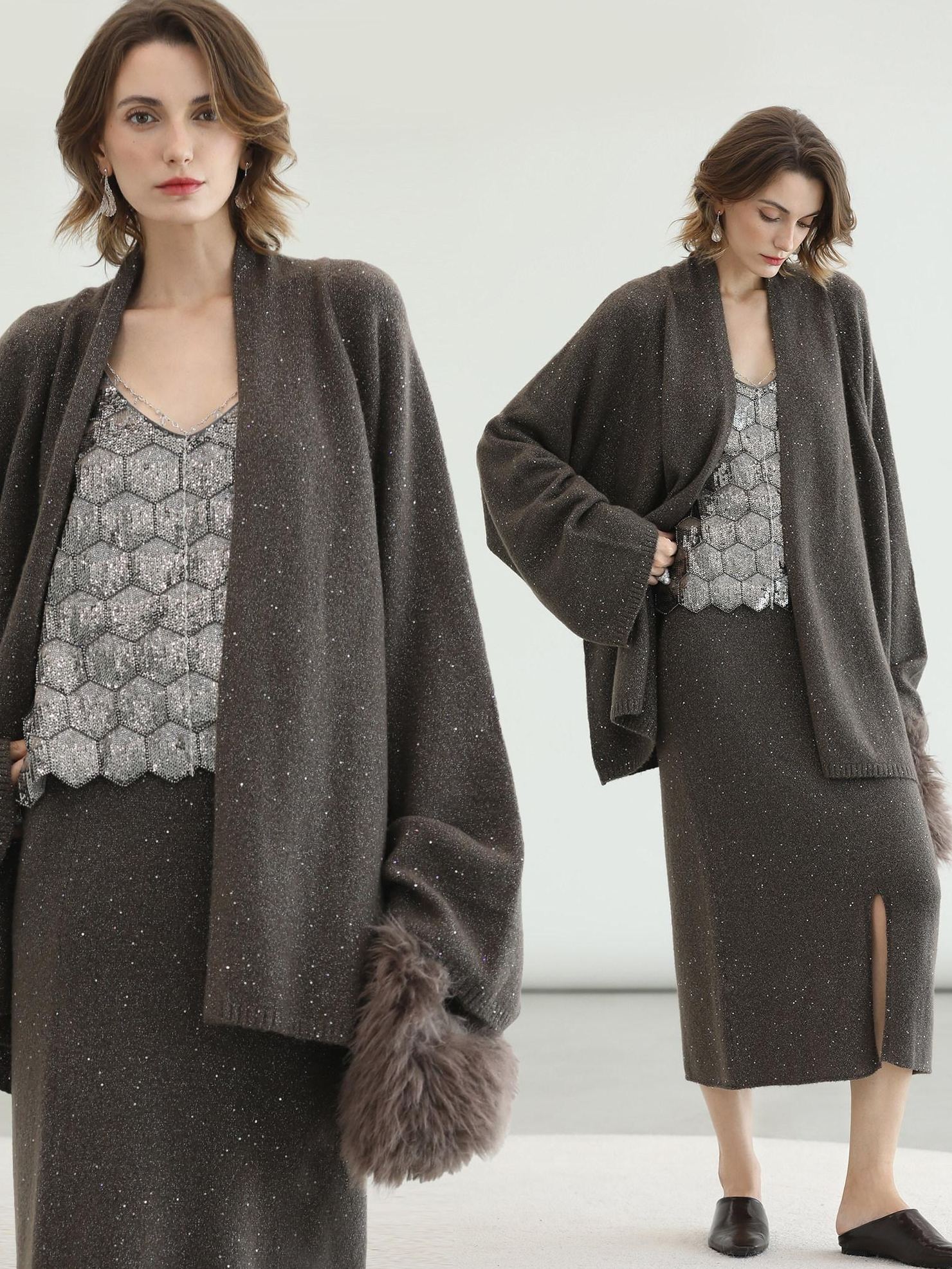 COCOBELLA Sequin Embellished Loose Fit Commuter Open Front Women Knit Pullover Sweater