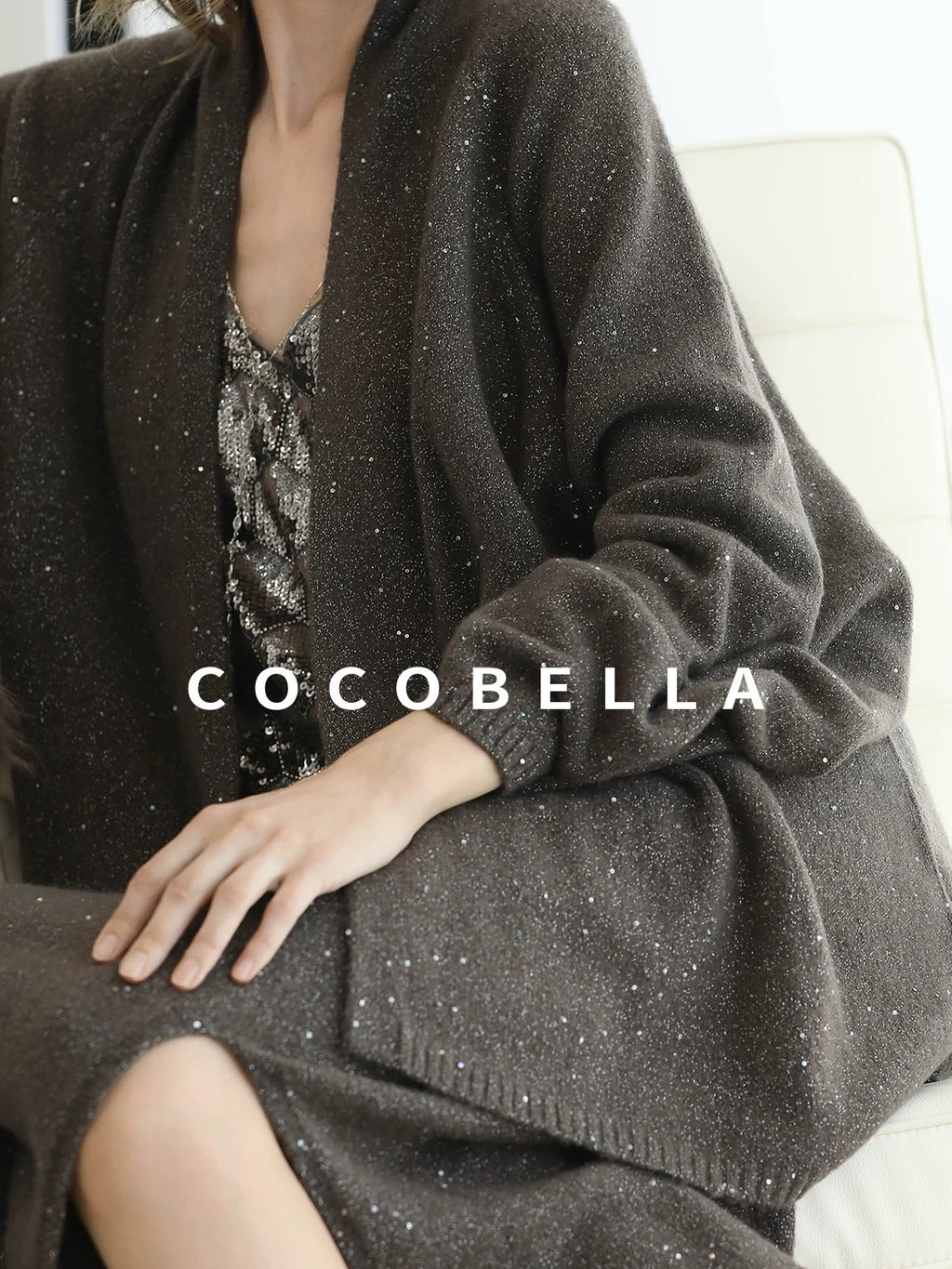 COCOBELLA Sequin Embellished Loose Fit Commuter Open Front Women Knit Pullover Sweater