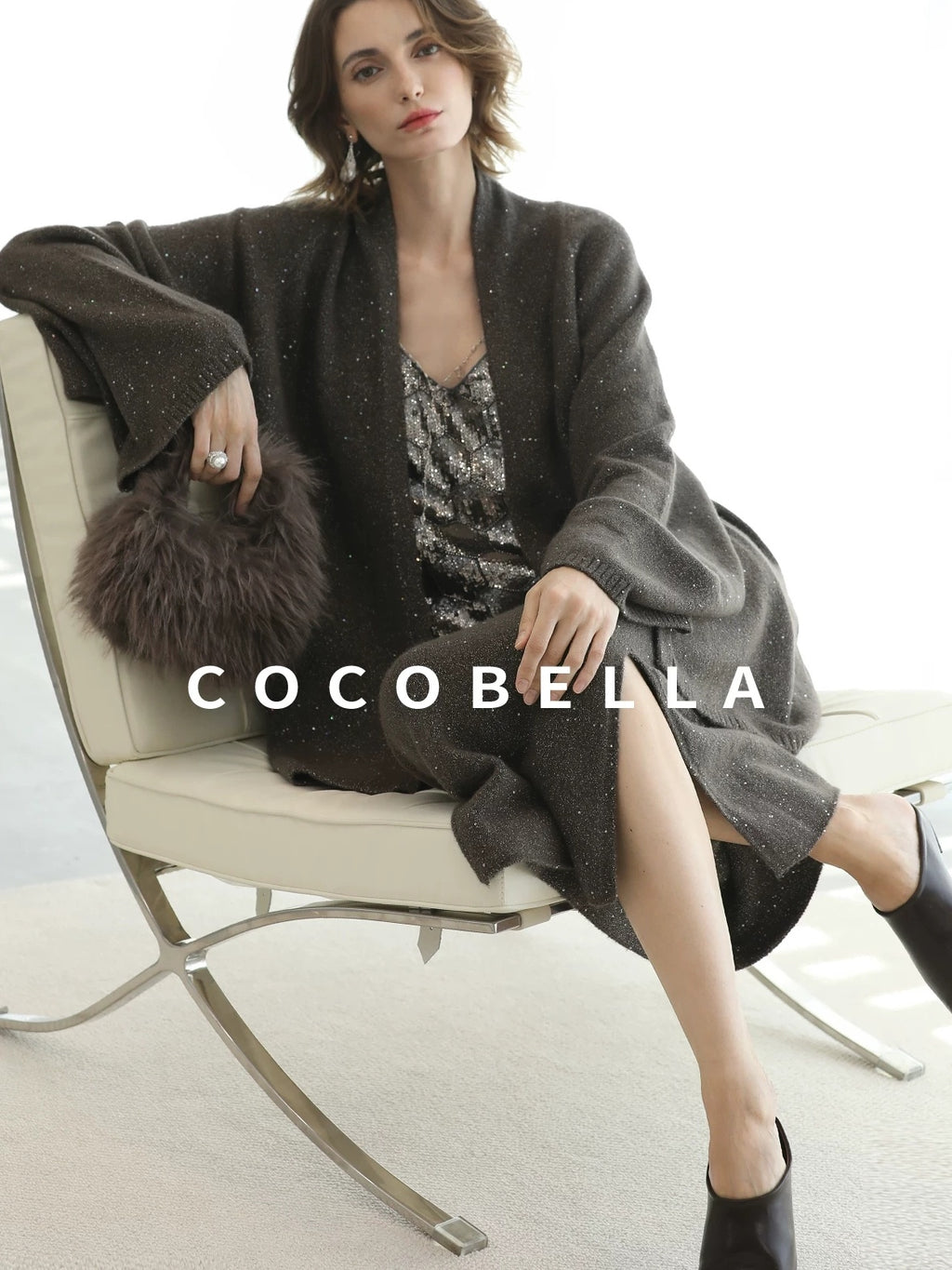 COCOBELLA Sequin Embellished Loose Fit Commuter Open Front Women Knit Pullover Sweater