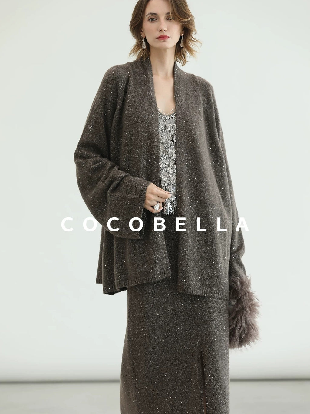 COCOBELLA Sequin Embellished Loose Fit Commuter Open Front Women Knit Pullover Sweater