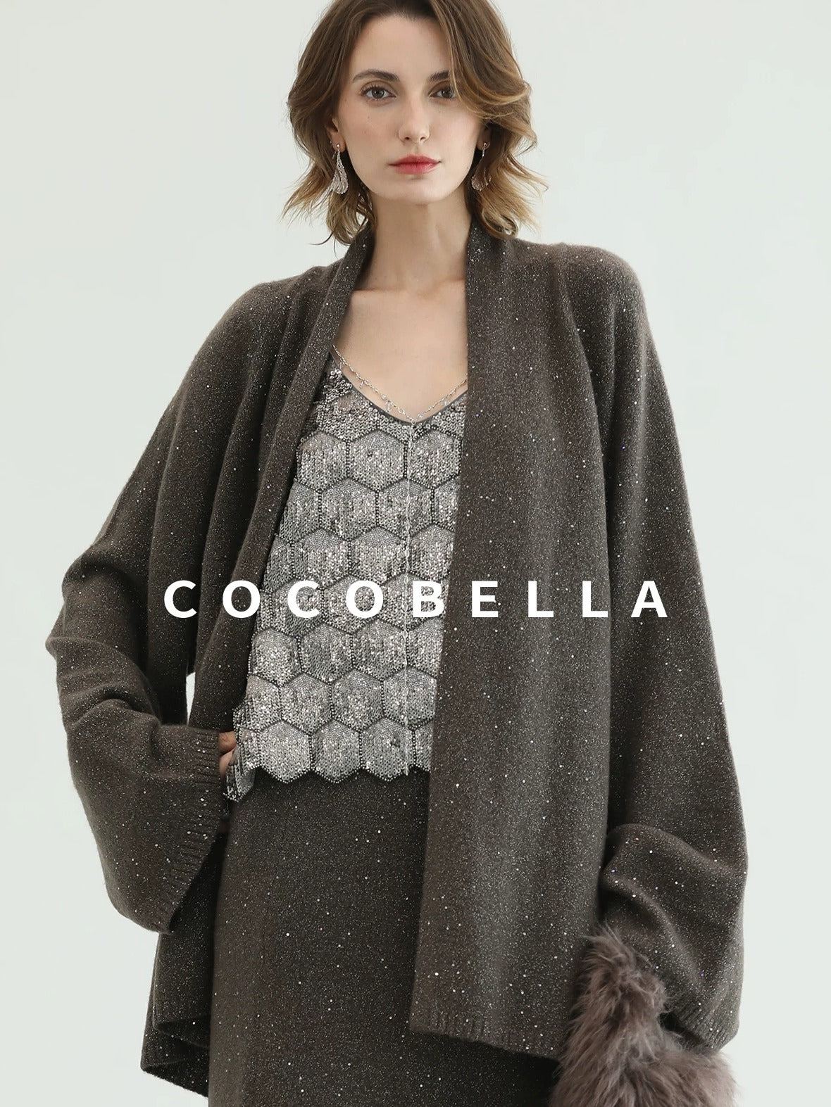 COCOBELLA Sequin Embellished Loose Fit Commuter Open Front Women Knit Pullover Sweater
