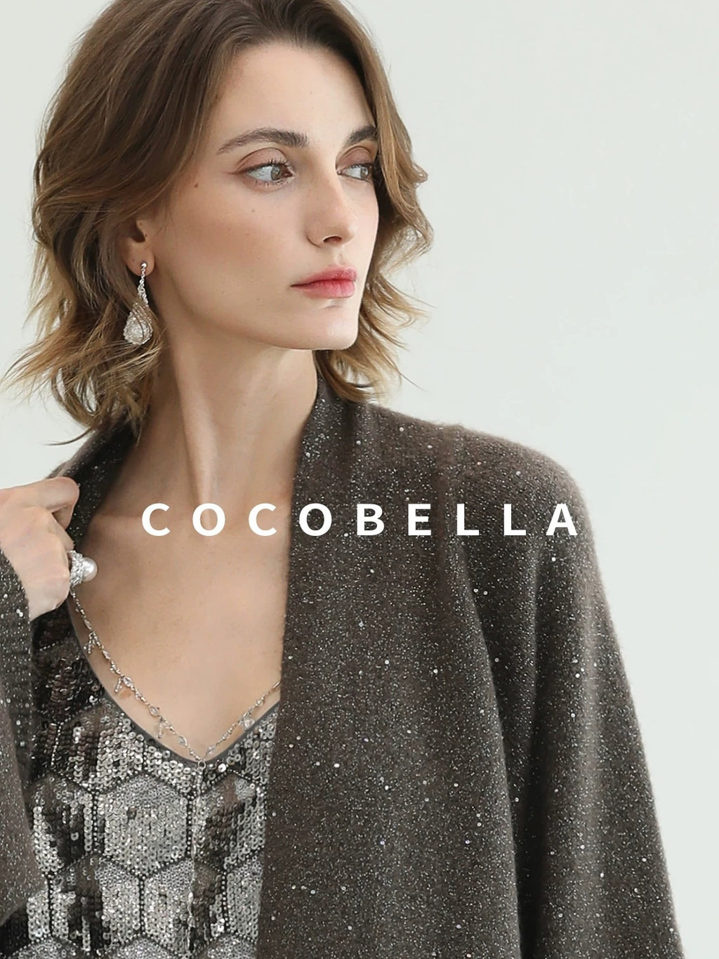 COCOBELLA Sequin Embellished Loose Fit Commuter Open Front Women Knit Pullover Sweater