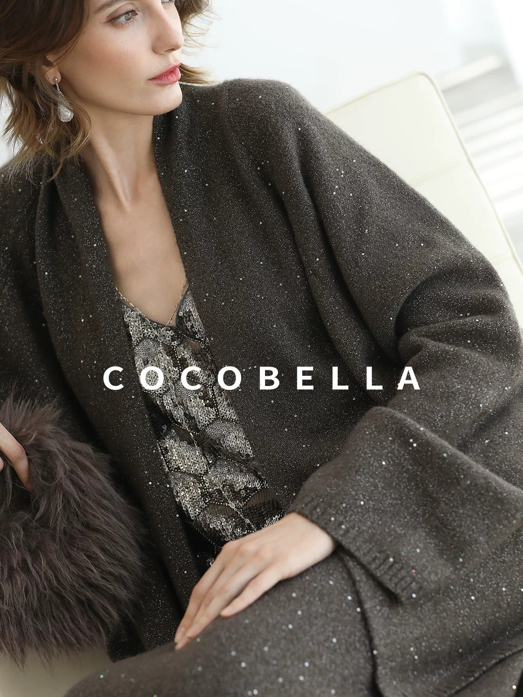 COCOBELLA Sequin Embellished Loose Fit Commuter Open Front Women Knit Pullover Sweater