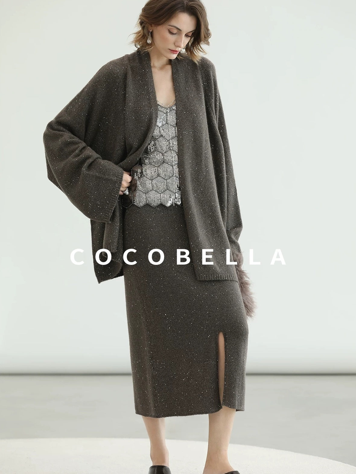 COCOBELLA Sequin Embellished Loose Fit Commuter Open Front Women Knit Pullover Sweater