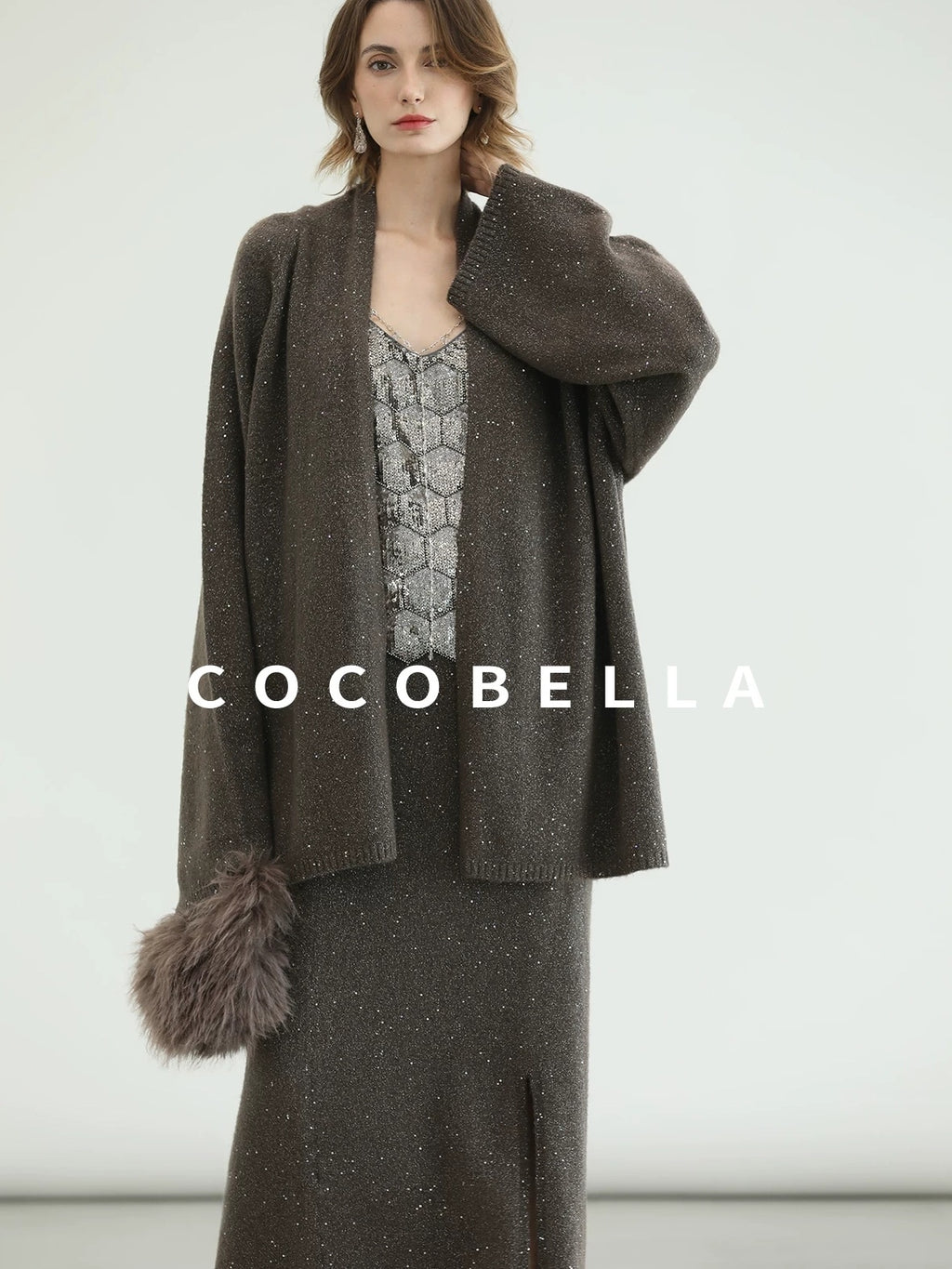 COCOBELLA Sequin Embellished Loose Fit Commuter Open Front Women Knit Pullover Sweater
