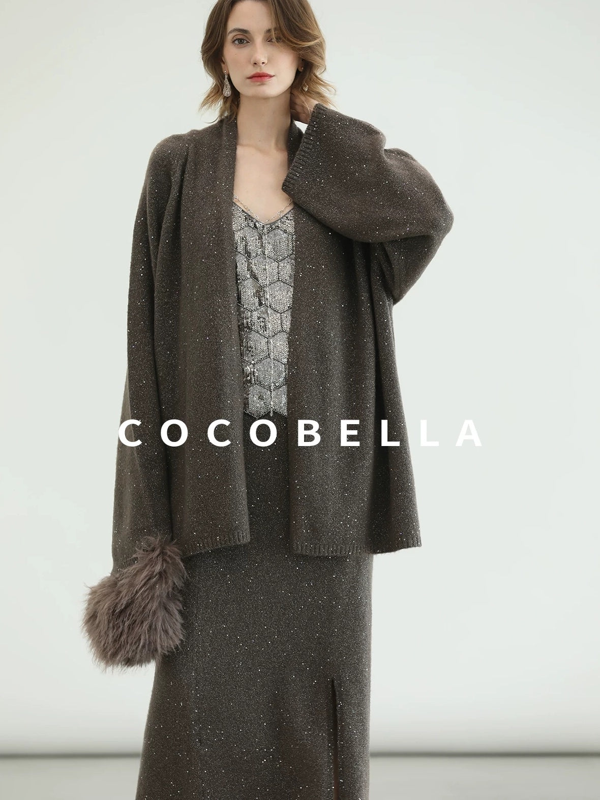 COCOBELLA Sequin Embellished Loose Fit Commuter Open Front Women Knit Pullover Sweater