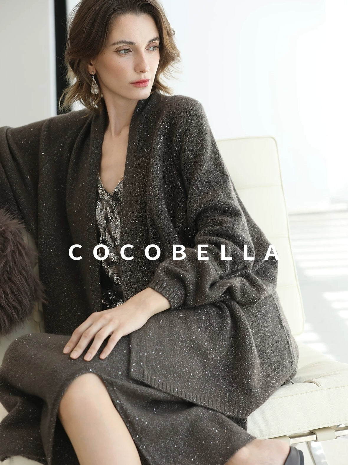 COCOBELLA Sequin Embellished Loose Fit Commuter Open Front Women Knit Pullover Sweater